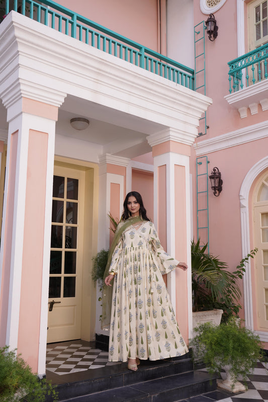 Angrakha Yellow Cotton Cambric Anarkali