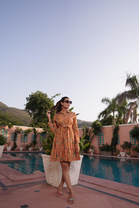 Flowery Orange Cotton Midi Dress