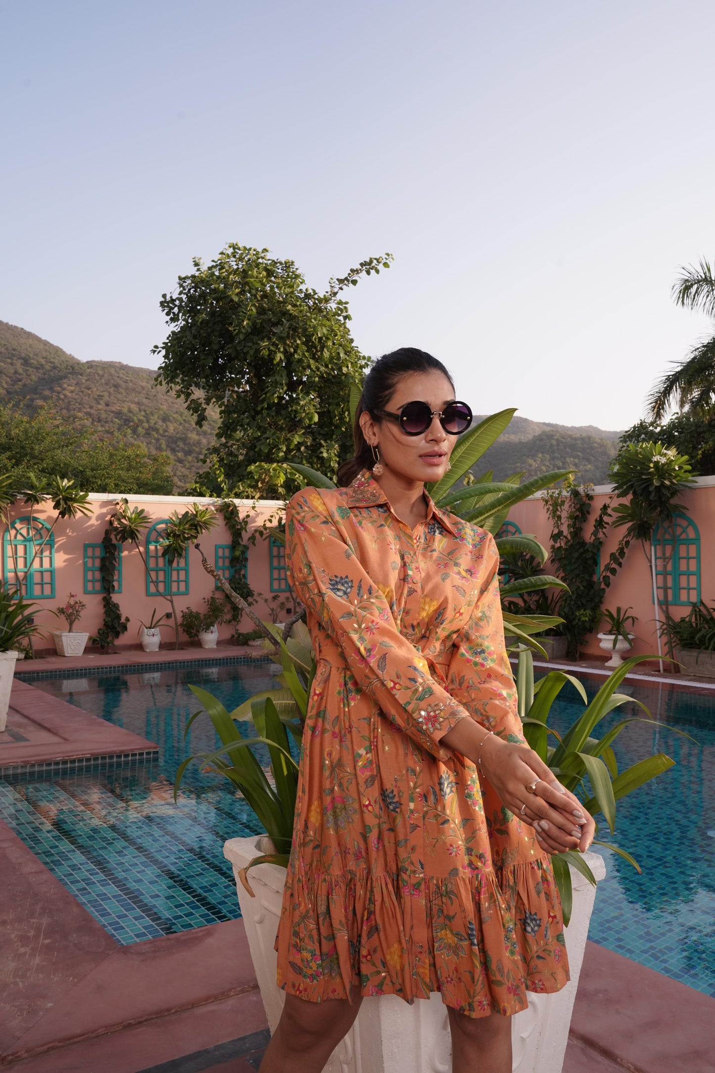 Flowery Orange Cotton Midi Dress