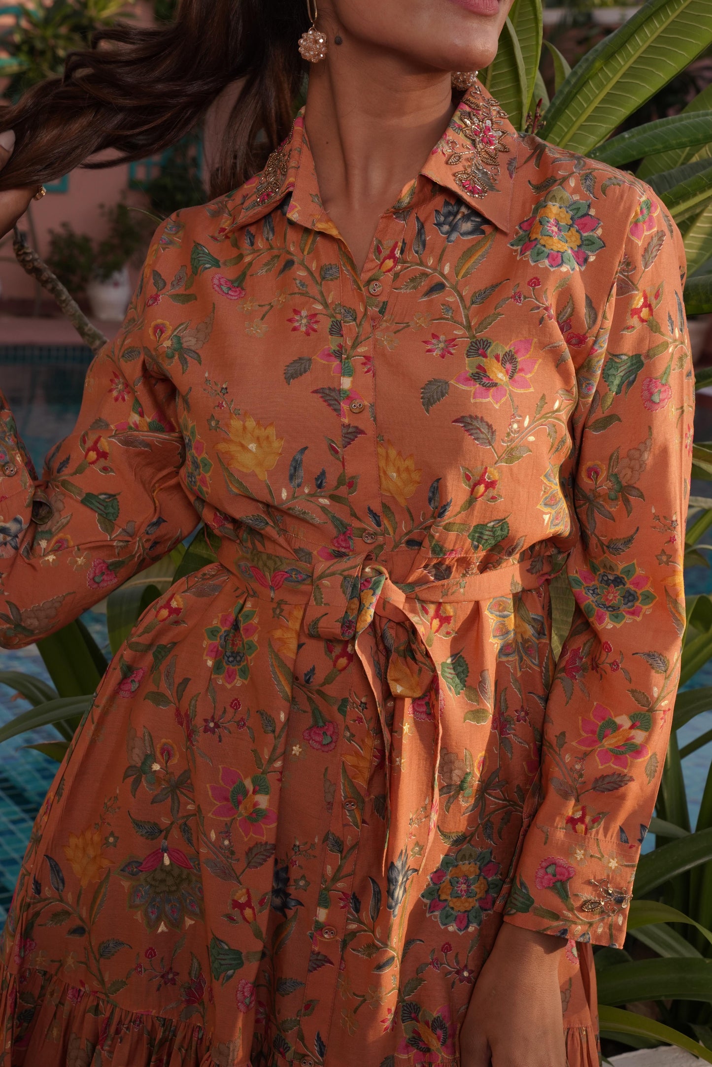 Flowery Orange Cotton Midi Dress