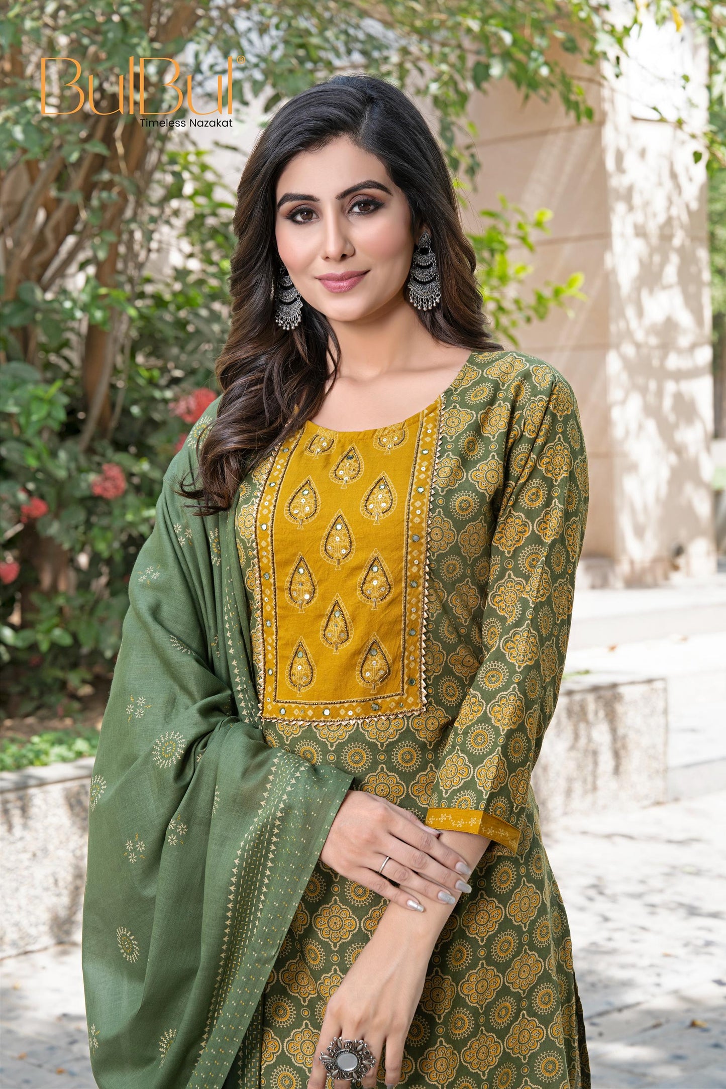 Aaliya Green Elegance Kurta Set with Embroidered Organza Dupatta