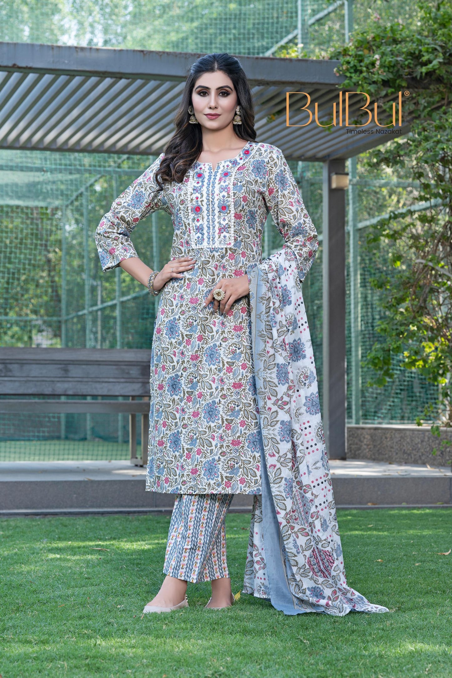 Fashionista Grey Floral Kurta Set with Dupatta